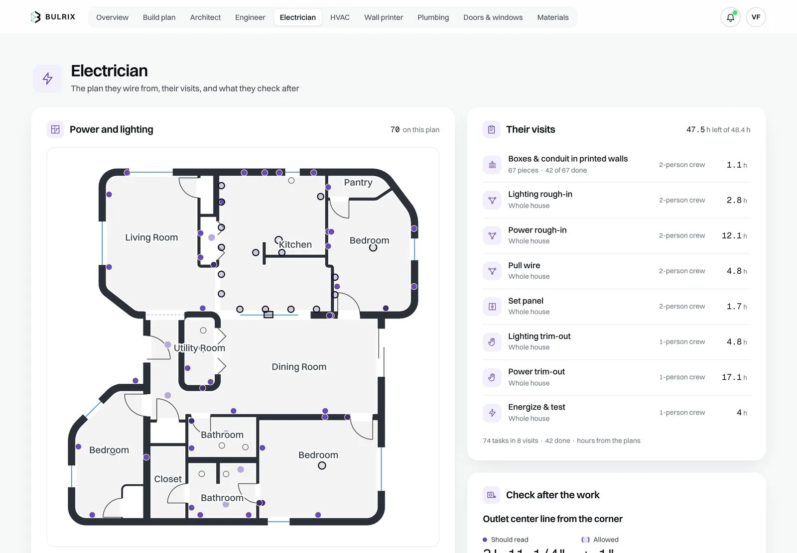 The electrician's view of the Bulrix demonstration house: the floor plan with every box and circuit placed from the design, beside the electrician's visits, from boxes and conduit cast into the printed walls to energize and test