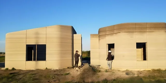 The two printed wings of the house standing before the roof, in low evening sun, with two people at the gap between them.